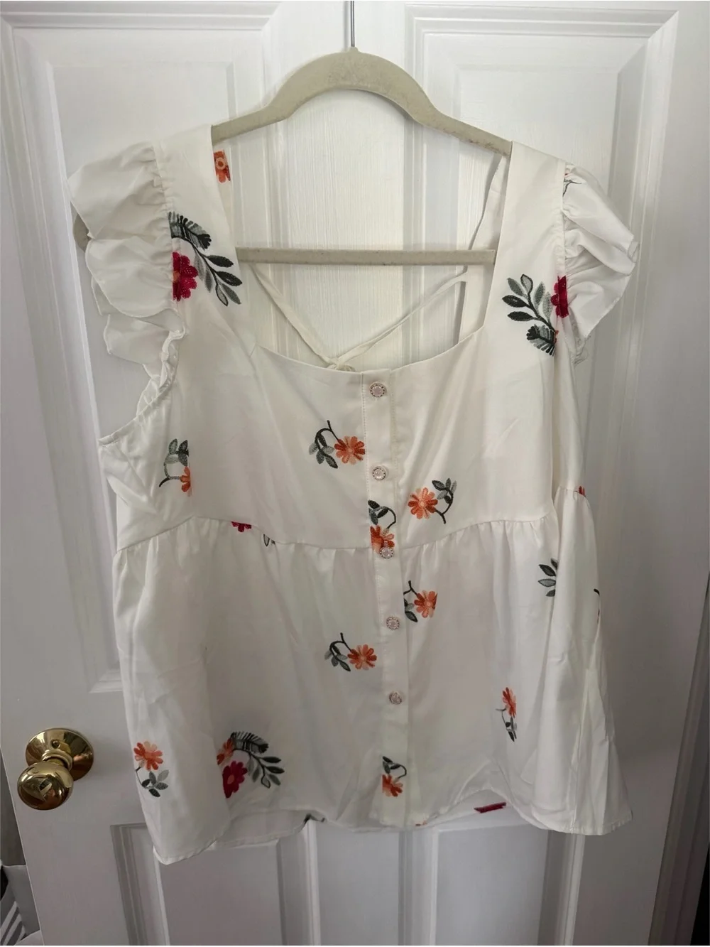White Floral Button-Front Ruffle Sleeve Top - Picture 1 of 4